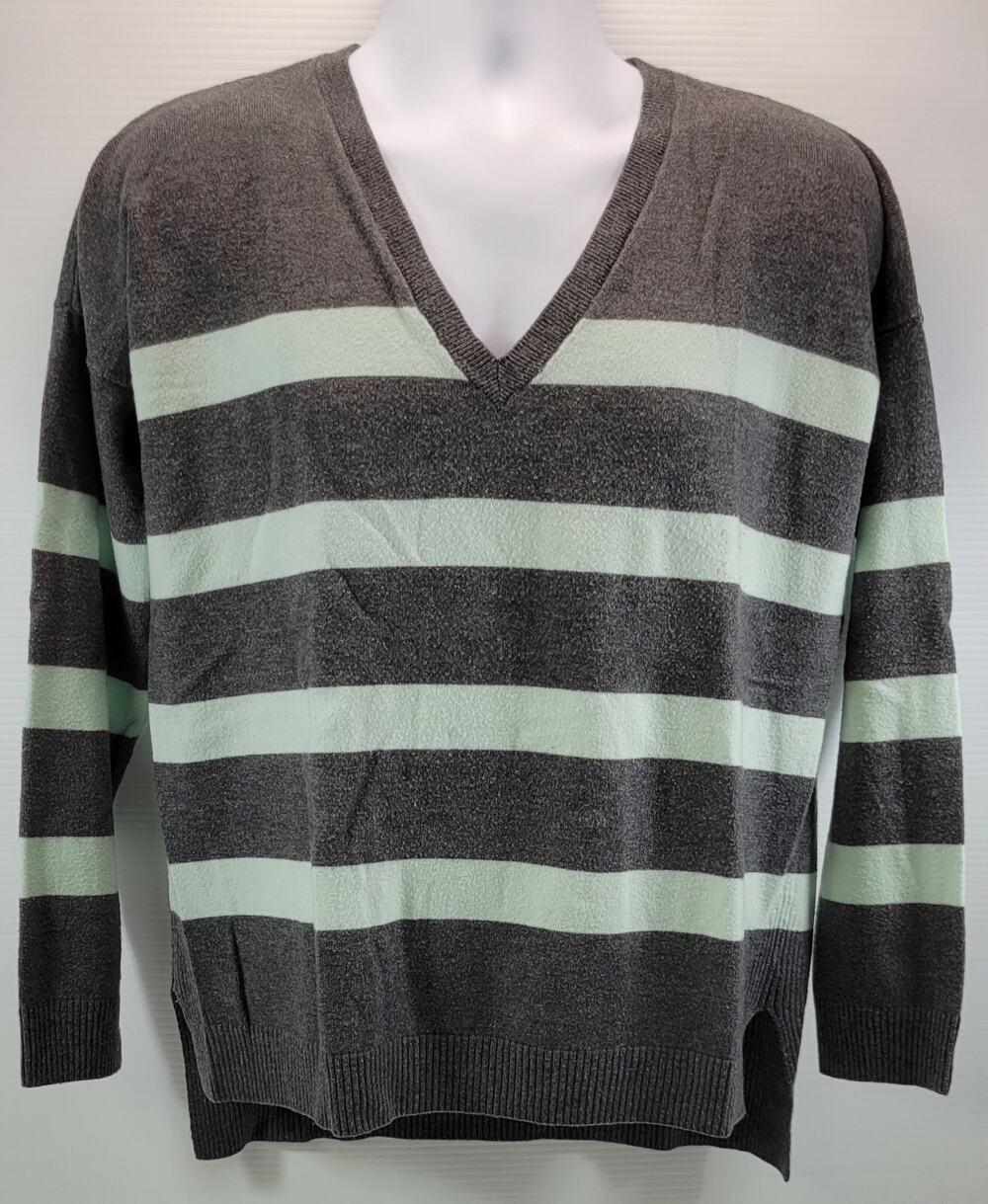 I2) GAP Women's V-Neck Gray Green Striped Sweater Medium Wool Blend